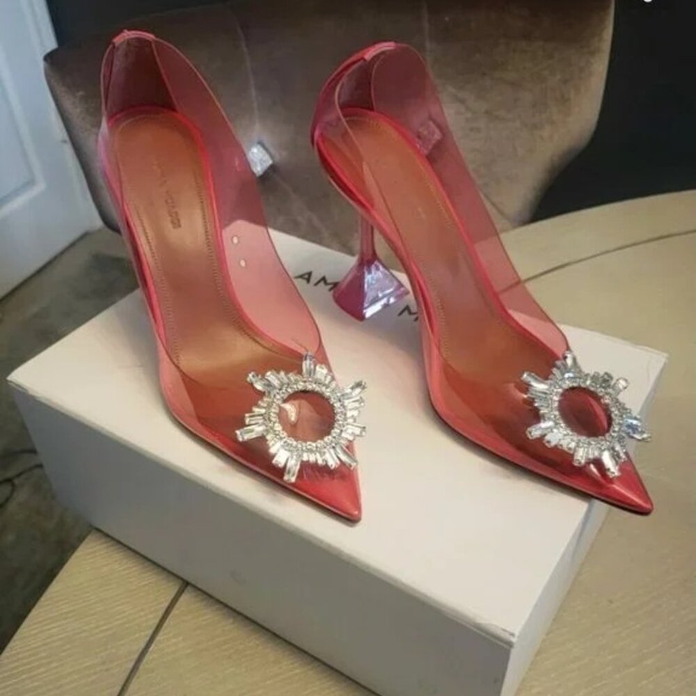 Amina Muaddi Begam glass Pump Pink Glass Clear Heels size 39